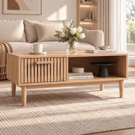 Tavolino da Salotto 100 cm, 1 Cassetto e Anta Scorrevole a Persiana, Stile Scandinavo Japandi, Gambe in Legno Massello, Legno Chiaro (1/5)