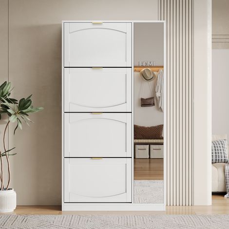 Mobile porta scarpe con specchio - 80x24x147 cm - 4 scomparti ribaltabili - ripiano regolabile - per ingresso - bianco