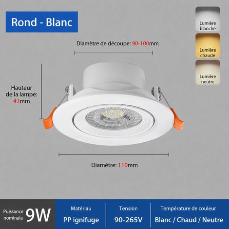 Spot LED encastrable rond orientable 9W blanc 6000K diamètre 110 mm 9w 110 90-100mm 6000k 20 g – Livraison gratuite