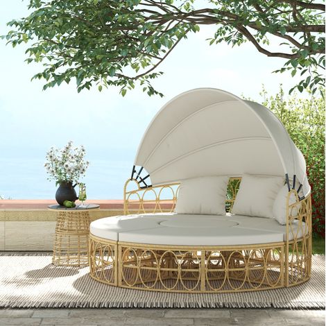 4-tlg. Gartenlounge 178x85x66,5 cm aus beigem Polyrattan mit ausziehbarem Dach – MEUBLIV (1/5)