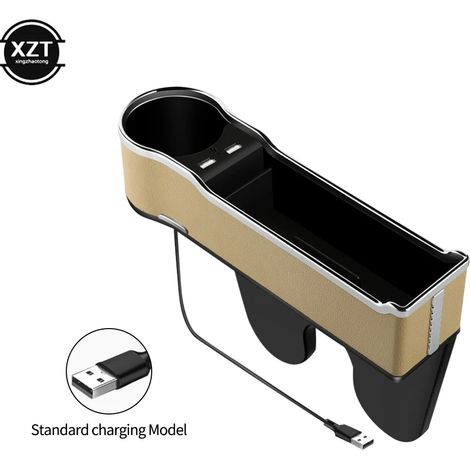 Organisateur d'espace pour siège auto (USB beige) avec double port USB, rangement pour siège avant et porte-gobelet, boîte de rangement en PU (1/5)
