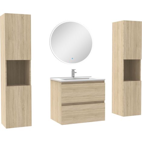 Ensemble meubles Salle de Bain avec colonne et miroir rond mural 60cm meuble Chêne Wotan