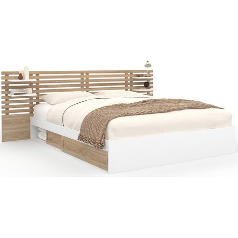 Doppelbett SAVANA mit Kopfteil, Konsolen, Stauraum und Lattenrost 160 x 200 cm in Buchenholzoptik und Weiß