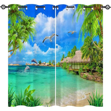 Rideau Occultant Tropical Océan Plage Palmier Rideau Thermique Isolant Draperies Intérieurs Tenture Opaque à Oeillets pour Maison Chambre Salon Fenetre 2 Pièces L 168 x H 138 cm - 168L X 138H cm (2 Pa (1/5)