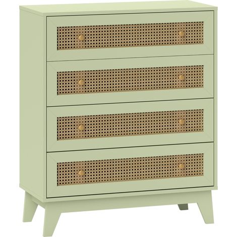 Commode 4 tiroirs meuble de rangement cannage en rotin aspect bois clair 80 x 35 x 95 cm vert