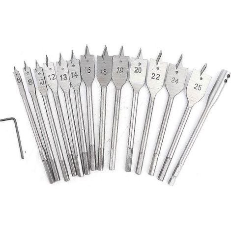 Jeu de 15 forets plats à queue hexagonale en acier au carbone de 6 à 25 mm pour outils de perçage du bois (1/5)
