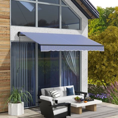 Store banne manuel rétractable store pour balcon inclinaison réglable manivelle cadre en aluminium polyester bleu blanc