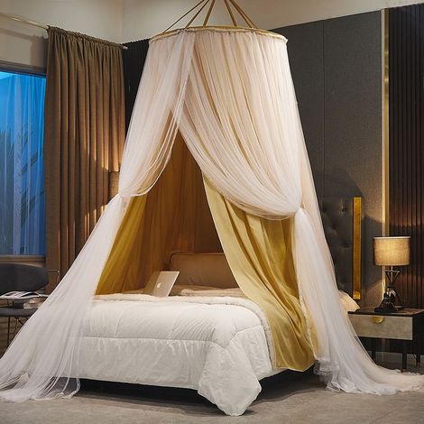 Rideau de lit à baldaquin pour Filles et Adultes, Luxueux Rideaux de lit à Double Couche Auvents Filet, moustiquaire de rêve,Intérieur Jaune Extérieur Blanc Rond 100 Tissu 4m Fil 10 (1/5)