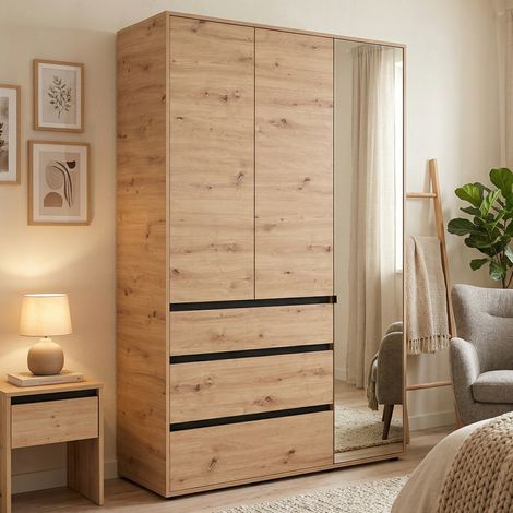 Ilbonoo Kleiderschrank 3 Türen, Schlafzimmer-Schrank mit Kleiderstange, 3 Schubladen, 4 Regalböden, 138x55 cm, Eiche Knoten Braun (1/5)