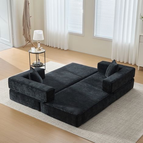 Canapé Convertible 3 Places modulaire en Chenille,Canapé lit 2 Places à Compression,canapé 3 Places Convertible lit canapé Pliant,Poches de Rangement latérales,Fond antidérapant (Noir)