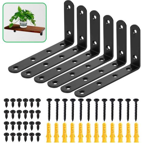 6 Pcs Floating Shelf Brackets   75x125mm Black L Shaped Metal Brackets, 90 Degree Angle, Includes Screws and Wall Plugs (1/5)