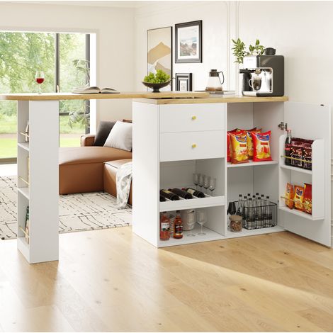 Table bar pivotante en MDF blanc 105x39x102 cm avec 4 tiroirs et étagères latérales rotatives (1/5)