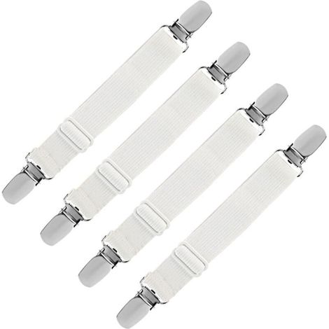 Soporte elástico para sábanas ajustables - Cierre de correa ajustable para sábanas, sofás y fundas de tabla de planchar - Blanco - Paquete de 4 (1/4)
