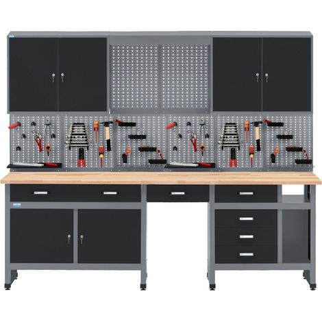 Kupper – Ensemble d'établi modulable 704129 – Largeur 240 cm – Plateau en hêtre massif – Armoire suspendue avec 36 bacs de rangement