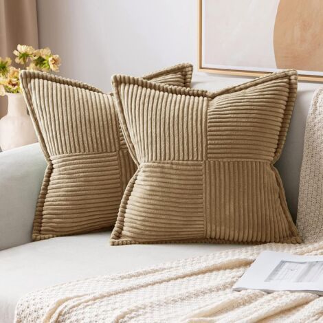 Housses de coussin décoratives pour canapé-lit, salon, 35 x 35 cm, lot de 2, coussins décoratifs brun style bohème, taies d'oreiller en velours côtelé doux à rayures latérales (1/4)