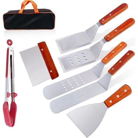 Ensemble de 8 accessoires professionnels pour barbecue : spatule, grattoir à manche en bois, retourne-plaque de cuisson. Ensemble robuste en acier inoxydable, idéal pour la cuisine japonaise teppanyak (1/5)