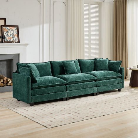 Modulares 3-Sitzer-Wohnzimmersofa „Cloud“ – ergonomische, weiche Doppelschicht-Sitzfläche – 289 x 75 x 84 cm – aus grünem Chenille-Stoff (1/5)