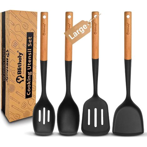 4-teiliges Silikon Küchenutensilien Set mit Holzgriff, hitzebeständig, BPA-frei