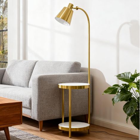 Floor Lamp Living Room Gold: Modern Floor Lamp with Side Table, 3 Colour Temperatures, with LED Bulb, 90° Rotating Light Head for Bedroom, Living Room, Office – Height 61 mm (1/5)