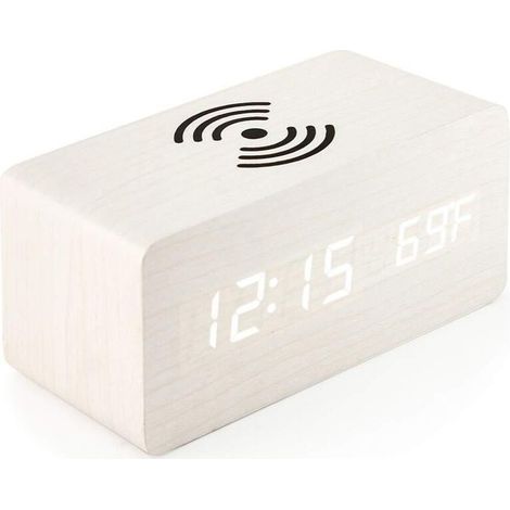 Digitales Thermometer, digitaler Wecker, LED-Wecker aus Holz mit kabelloser Ladefunktion, Wecker aus Holz mit Induktionsladegerät, kabelloses Ladegerät - Crezuo
