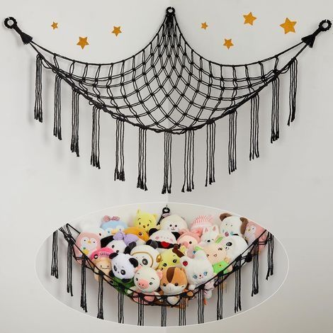 1 hamac de rangement pour jouets, hamac bohème pour jouets en peluche, support de rangement suspendu pour chambre d'enfant, noir (1/5)