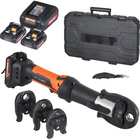 Outil de sertissage électrique avec mâchoires M15, M22, M28, kit complet comprenant 2 batteries 18V 2.0Ah, chargeur rapide et mallette de transport. (1/5)