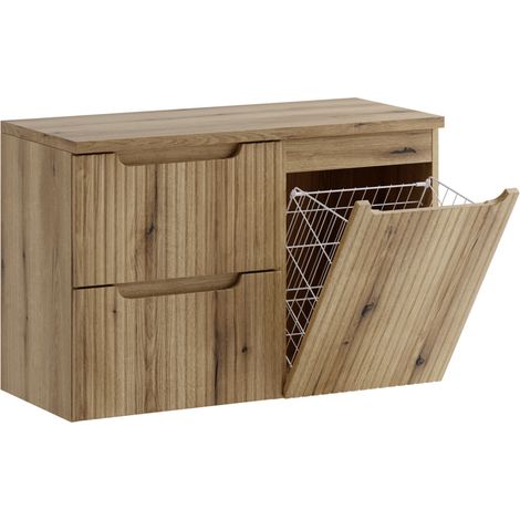 Ensemble meuble salle de bain suspendu NOVA 90cm Chêne naturel avec panier à linge
