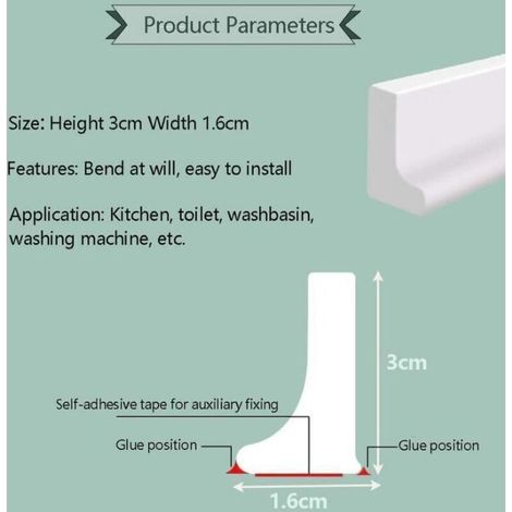 ALLIANDISBarrière d'eau en silicone pour seuil de douche de 2 m, barrière d'eau pour sol de pièce humide, barrage d'eau de salle de bain, bande d'étanchéité(forme en L, 3 cm de haut) (1/3)