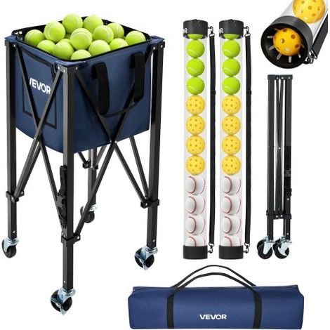 Carro Plegable para Pelotas de Tenis con Ruedas, Cesta de Nailon Capacidad de 150 Pelotas con Tubo Recogepelotas de Tenis y Bolsillos Laterales, Carrito de Entrenamiento para Béisbol Pickleball (1/5)