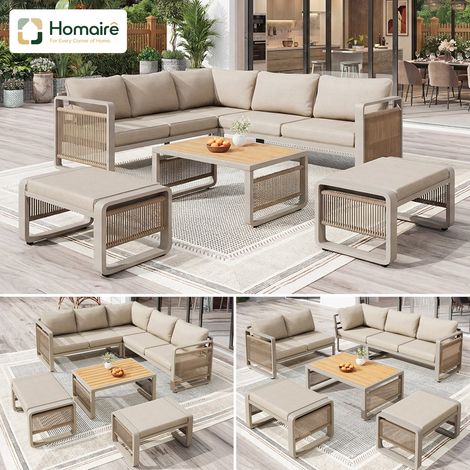 HOMAIRE Set de lounges de jardin pour 6-7 personnes en corde tissée à la main, garniture d'angle et chaise longue en fer résistants aux intempéries, avec coussins de siège et de dossier moelleux, pied (1/5)