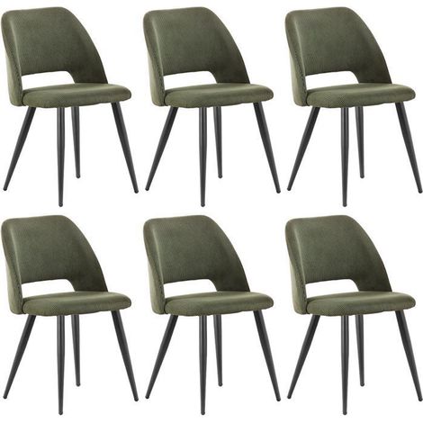 Lot de 6 chaises de salle à manger en velours vert armée – Chaise rembourrée avec pieds en métal – Style scandinave moderne – Dossier 42 cm