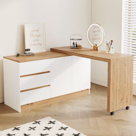 Modernluxe - Bureau pivotant et mobile - Avec roulettes verrouillables - 2 portes et 3 tiroirs - Plateau de 4 cm d'épaisseur - Naturel et blanc (1/3)