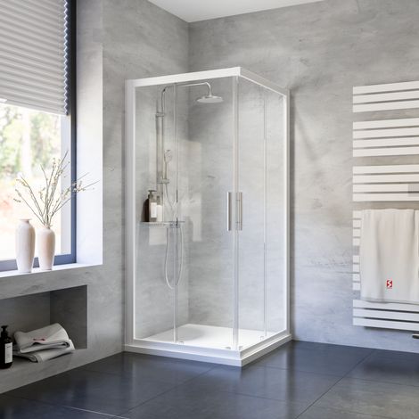 Schulte – Cabine de douche d'angle 90 x 90 cm – Portes coulissantes en verre 5 mm – Profilé blanc – Hauteur 185 cm – Montage réversible