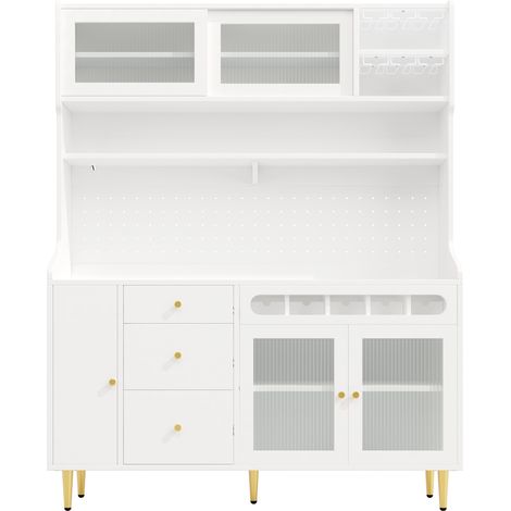 Credenza alta bianca 145 x 39 x 171 cm con LED, ripiani regolabili e portabottiglie (1/5)