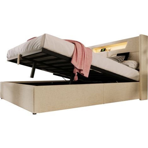 Polsterbett LED Doppelbett mit USB Typ C Ladefunktion und LED-Beleuchtung,Stauraumbetten Bettgestell aus Leinenmaterial Jugendbett mit lattenrost(Ohne Matratze)