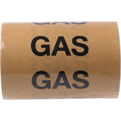 Ruban de marquage pour tuyaux Beige, Texte: Gas PP, Vinyle, largeur 150mm x Longueur 33m ( Prix pour Bobine de 33 Mètres )