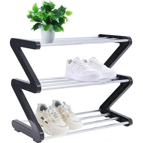 Petite étagère à chaussures à 3 étages- Petite étagère à chaussures - Rangement à chaussures stable et étroit- Organiseur de rangement pour entrée de placard, couloir, montage rapide - noir (1/5)