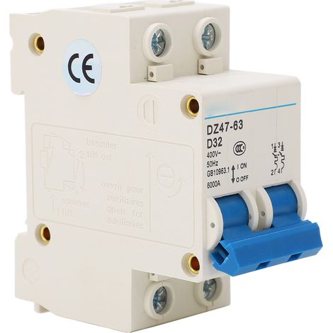 Disjoncteur modulaire 2P DZ47-63 D32 32A 400V 50Hz 6000A Pa66 rail DIN pour distribution et protection surcharge court-circuit (1/5)