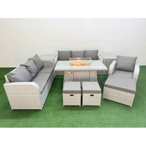 Fimous 10 Seater Poly Rattan Outdoor Garden Furniture Firepit Dining Table Sofa Set Patio 3 Seater Sofa Reclining Chair 3 Seater Sofa 3 Stools 2 Side Table Light Grey (1/4)