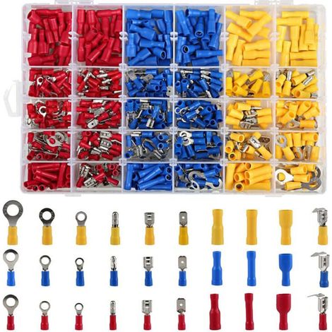 Cosses Electriques 480 Pièces, Cosses Electriques pour Voiture, Cosse à Sertir, Rondes, Plates Femelles et Males, Cosses Oeillet et Oeil, Cylindriques et Autres,Connecteurs Sertissage avec Boîte de Ra (1/5)