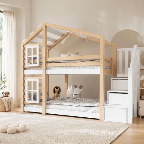 Letto a castello 90x200 cm in legno e MDF naturale e bianco con scala - MEUBLIV (1/5)
