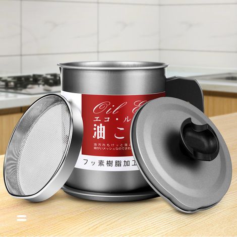 Japanischer Küchenölfilter, 1,4-Liter-Ölflasche aus Edelstahl mit Deckel, großer Abfallbehälter, Ständer inklusive, niedrige Ausführung. (1/4)