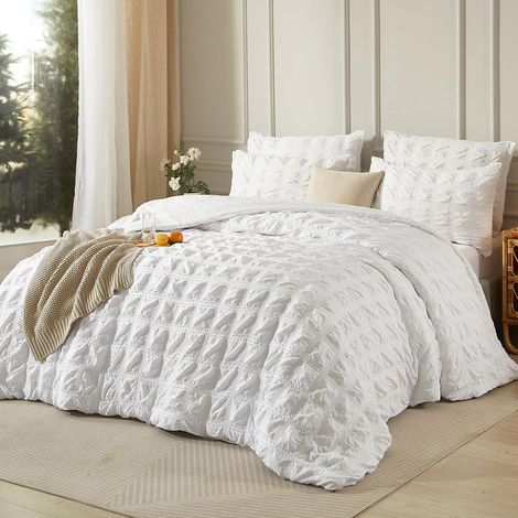 Parure de lit en seersucker 155 x 220 cm - Blanc - Été - Rafraîchissant - Motif à carreaux - Réversible - Microfibre respirante - Légère - Housse de couette simple et taies d'oreiller de 80 (1/5)