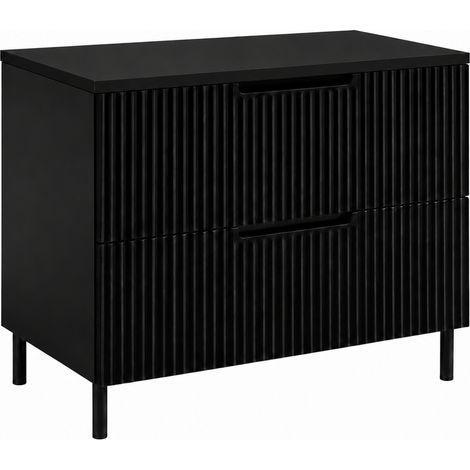 Mobile Bagno a Terra sotto Lavabo con Piano, 2 Cassetti con Chiusura Ammortizzata, Frontale Rigato MDF 16 mm, Nero + Piano Marmo Black Royal, Maniglie Fresate, Piedini Neri, 80 x 46 x 73,6 cm (1/5)