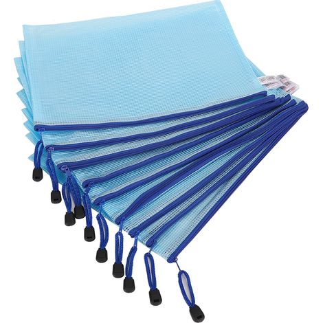 Lot de 10 pochettes à documents A4 en filet avec fermeture éclair, pochettes transparentes en PVC, bleu clair. (1/5)