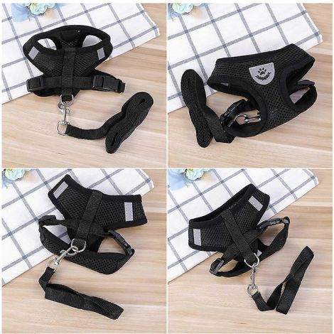 Arnés de malla para mascotas con correa trasera para el pecho para mascotas pequeñas, color negro. (1/5)
