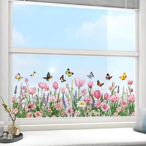 Adesivi elettrostatici con tulipani rosa, fiori di lavanda e farfalle - Adesivi elettrostatici rimovibili per camera da letto, bagno e soggiorno (1/5)