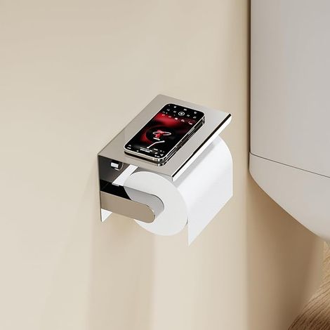 Porte Papier Toilette Design avec Tablette en Acier Inoxydable Chromé Support WC Mural Moderne avec Étagère Intégrée pour Salle de Bain (1/5)