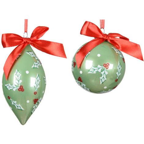 Decoris Palline di Natale in Vetro - con Bacche e Nastro Rosso - 8cm