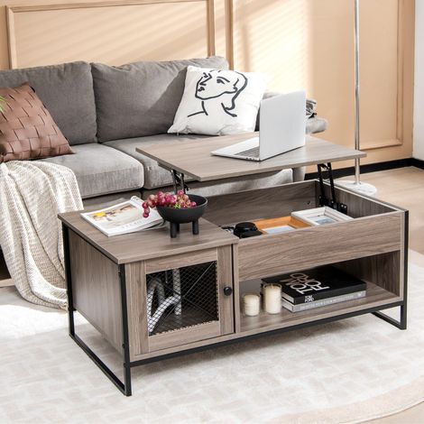 Table Basse avec Plateau Élévateur Pneumatique Compartiments Ouverts et 2 Casiers Conception à 2 Porte 104 x 52,5 x 58 cm (1/3)